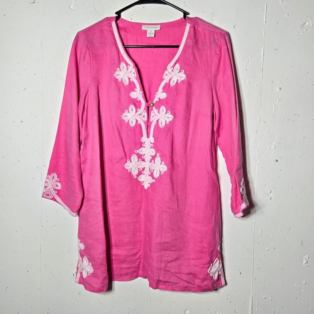 Charter Club Pink 100% Linen Embroidered Tunic Top Medium Coastal Resort Boho